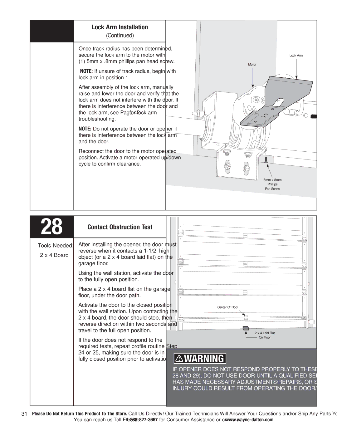 Wayne-Dalton 3663-372 installation instructions Lock Arm Installation, Contact Obstruction Test 