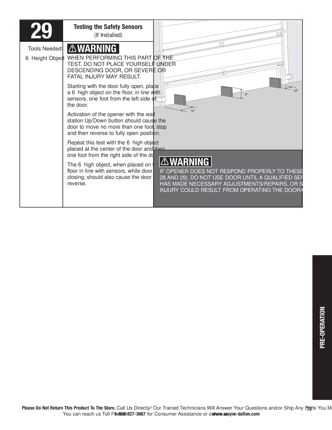 Wayne-Dalton 3663-372 installation instructions Testing the Safety Sensors, Fatal Injury MAY Result 