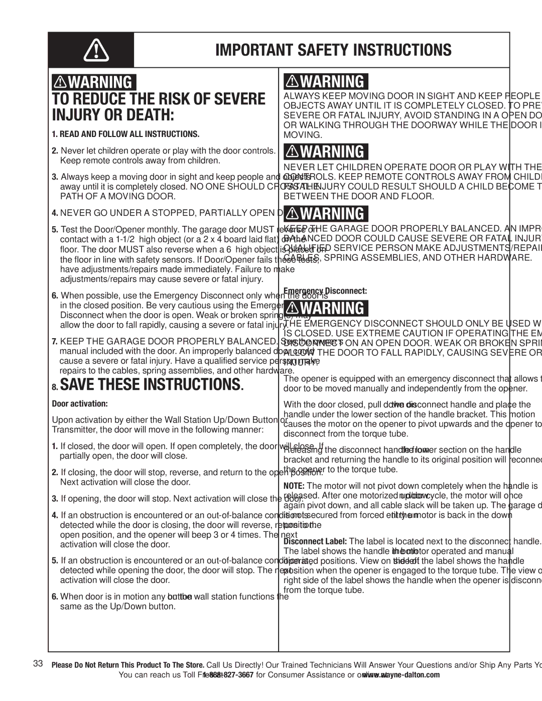 Wayne-Dalton 3663-372 installation instructions Read and Follow ALL Instructions, Door activation, Emergency Disconnect 