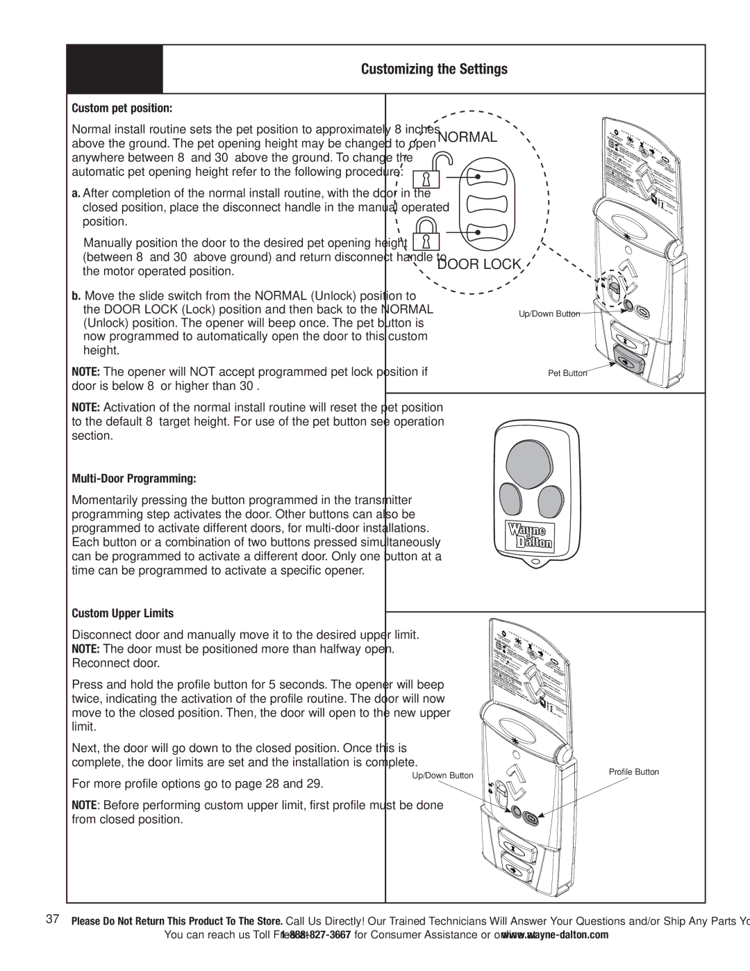 Wayne-Dalton 3663-372 installation instructions Customizing the Settings, Custom pet position, Multi-Door Programming 