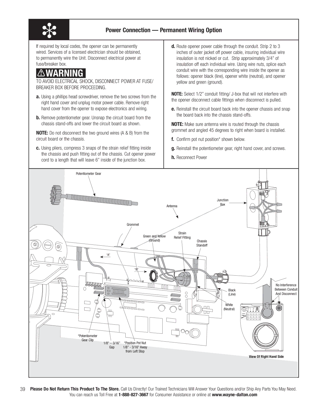 Wayne-Dalton 3663-372 Power Connection Permanent Wiring Option, Reconnect Power, Confirm pot nut position* shown below 