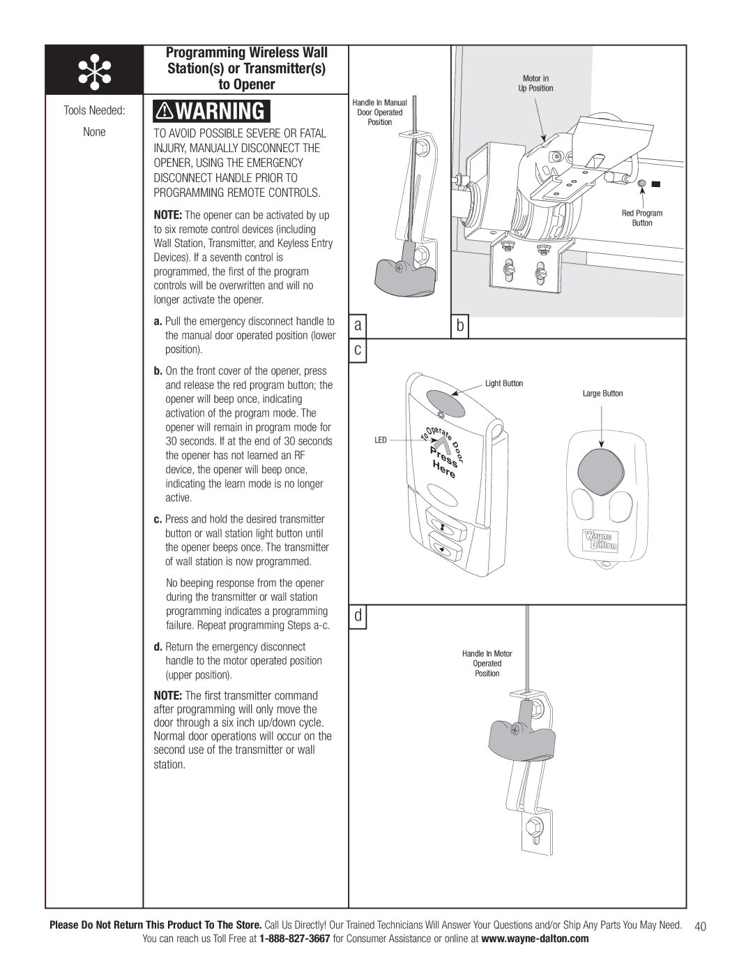 Wayne-Dalton 3663-372 Stations or Transmitters to OpenerProgramming Wireless Wall, OPENER, Using the Emergency 