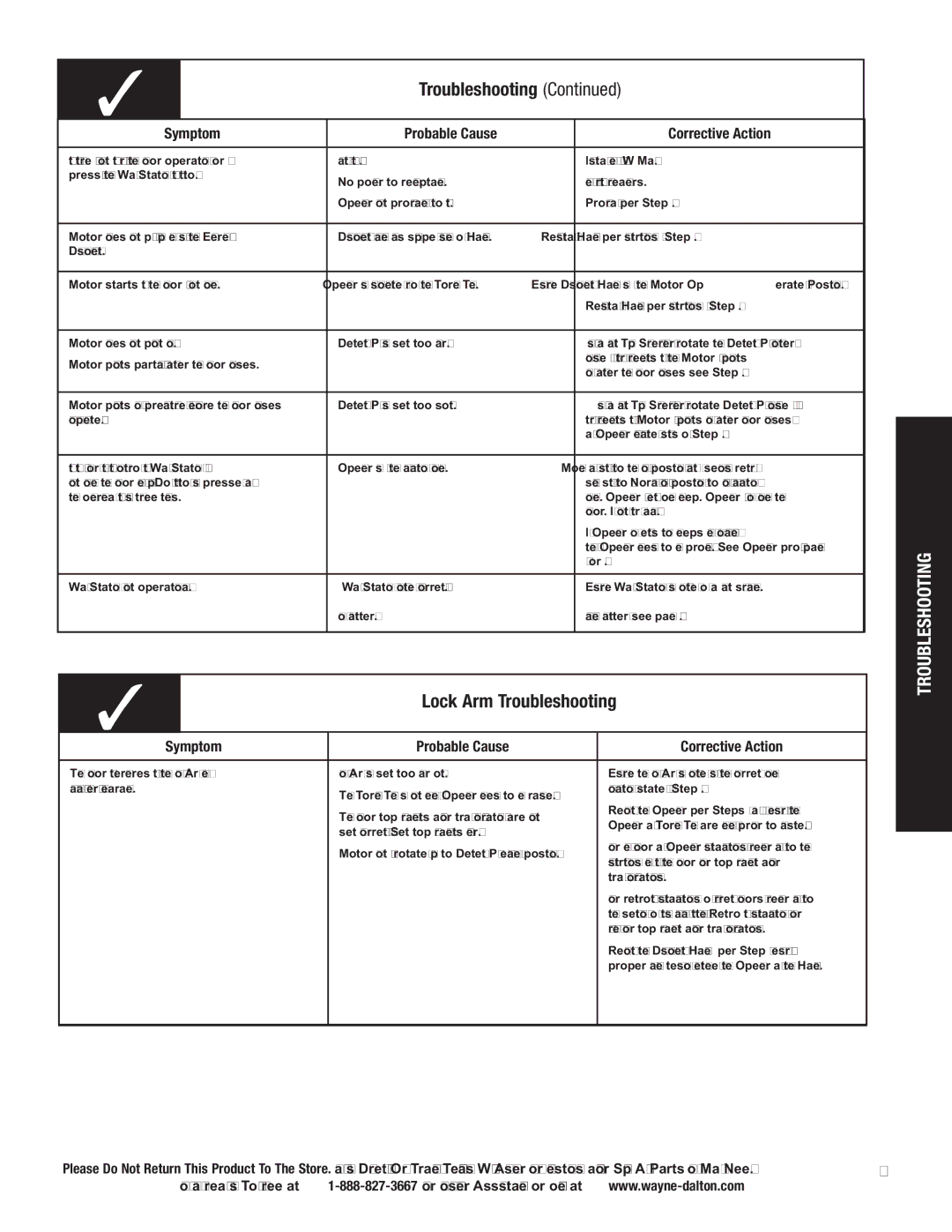 Wayne-Dalton 3663-372 installation instructions Lock Arm Troubleshooting, Troubleshootingoperation 