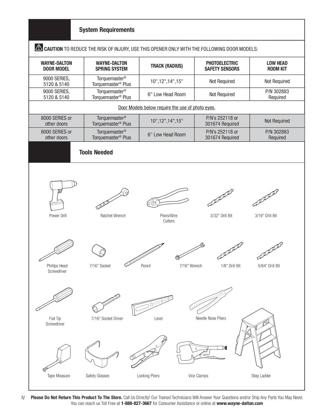 Wayne-Dalton 3663-372 System Requirements, Tools Needed, WAYNE-DALTON Track Radius Photoelectric LOW Head, 10,12,14,15 