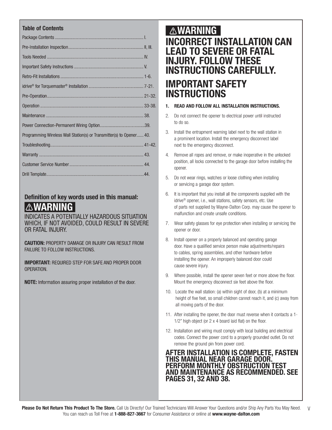 Wayne-Dalton 3663-372 installation instructions Deﬁnition of key words used in this manual, Table of Contents 