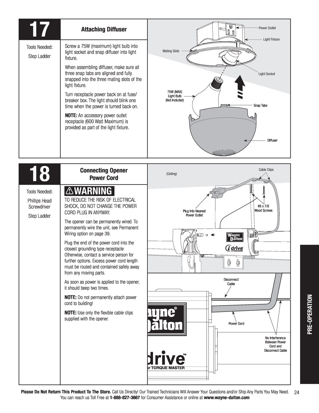 Wayne-Dalton 3663-372 installation instructions Attaching Diffuser, Connecting Opener, Power Cord, Pre-Operation 