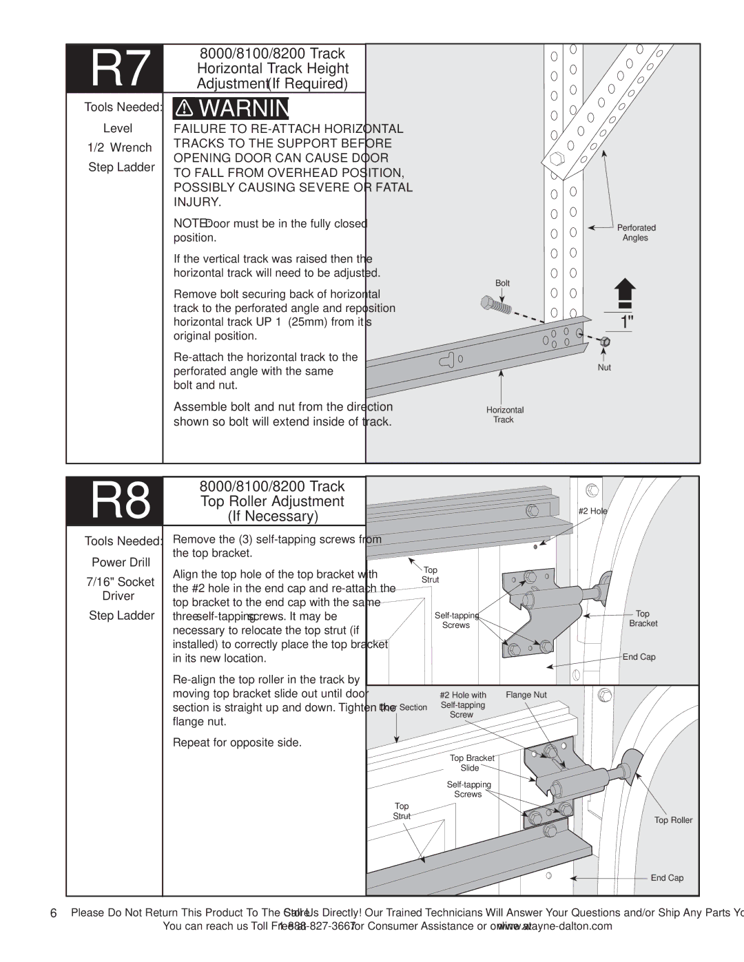 Wayne-Dalton 3790-Z installation instructions Top Roller Adjustment, Failure to RE-ATTACH Horizontal 