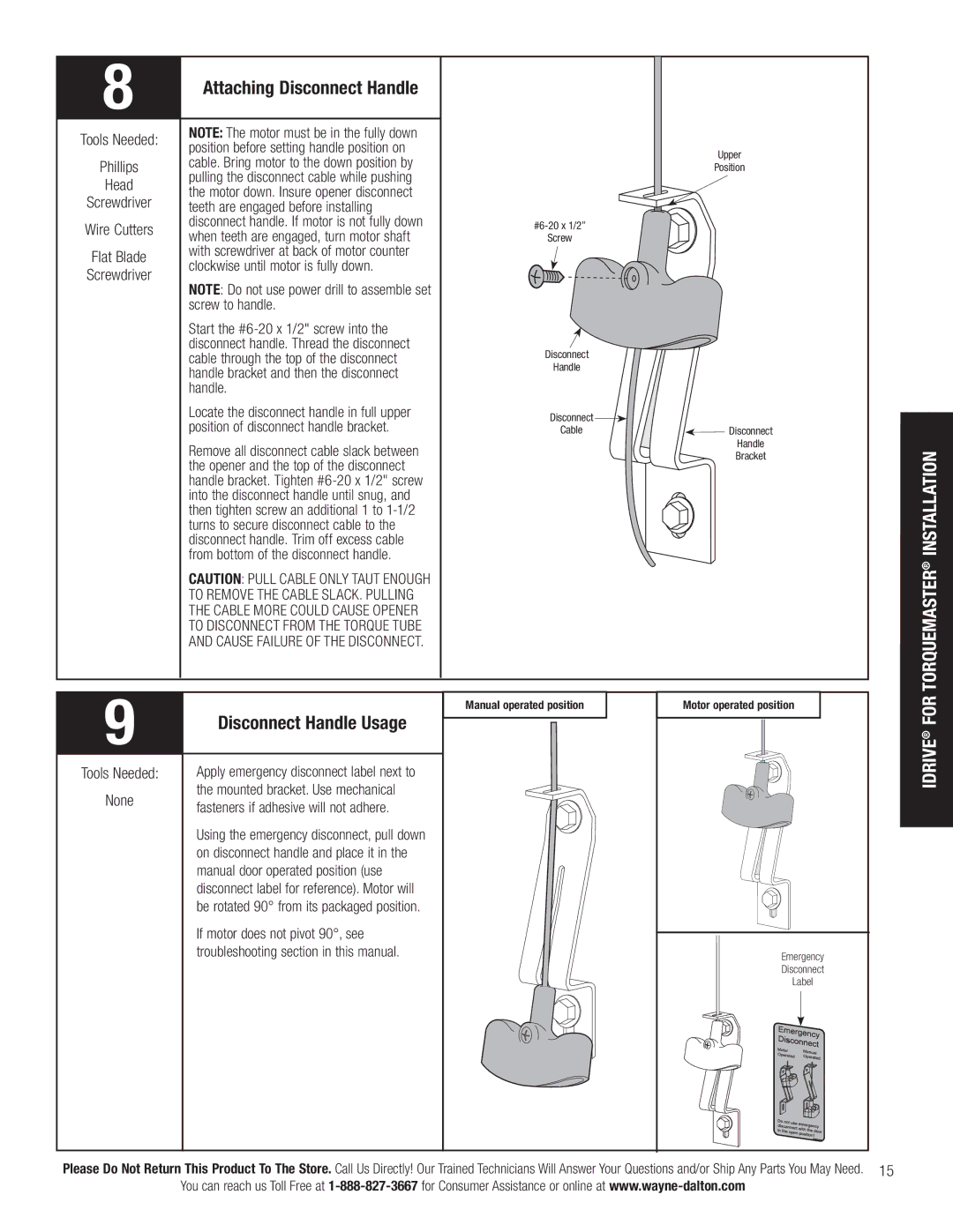 Wayne-Dalton 3790-Z installation instructions Attaching Disconnect Handle, Disconnect Handle Usage 