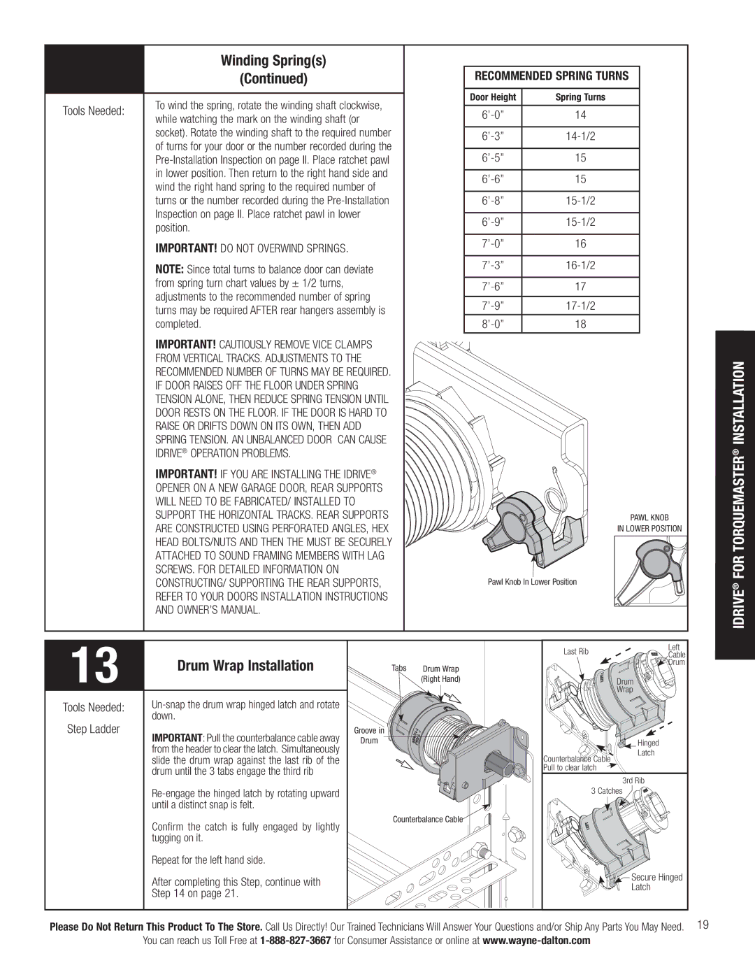 Wayne-Dalton 3790-Z Drum Wrap Installation, Recommended Spring Turns, Tools Needed, IMPORTANT! do not Overwind Springs 