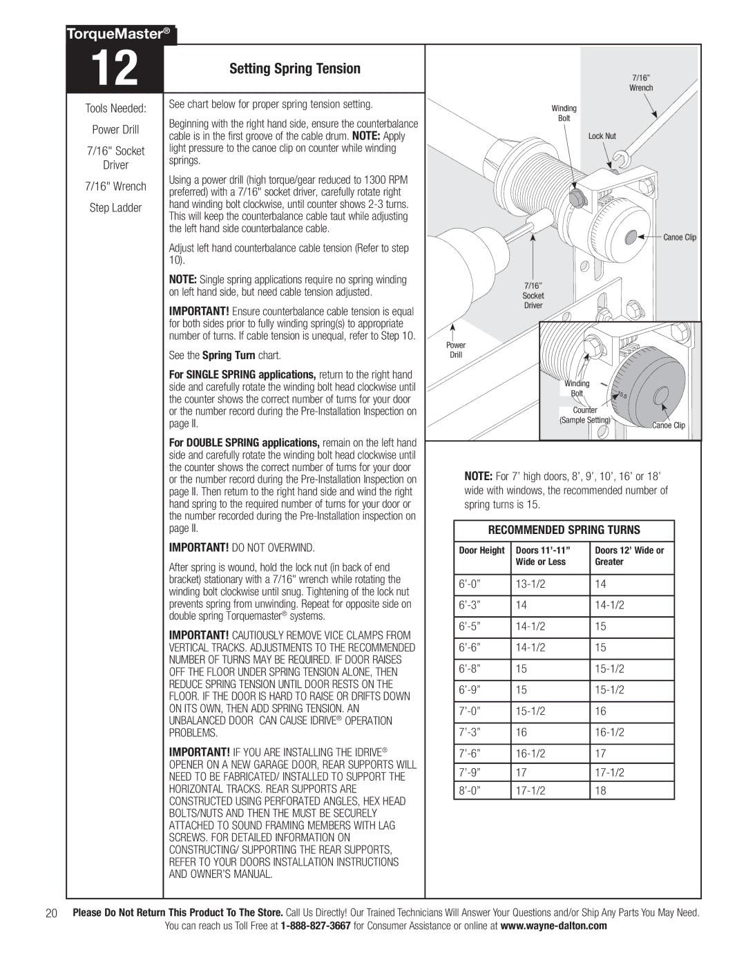 Wayne-Dalton 3790 Setting Spring Tension, IMPORTANT! do not Overwind, Problems, SCREWS. for Detailed Information on 