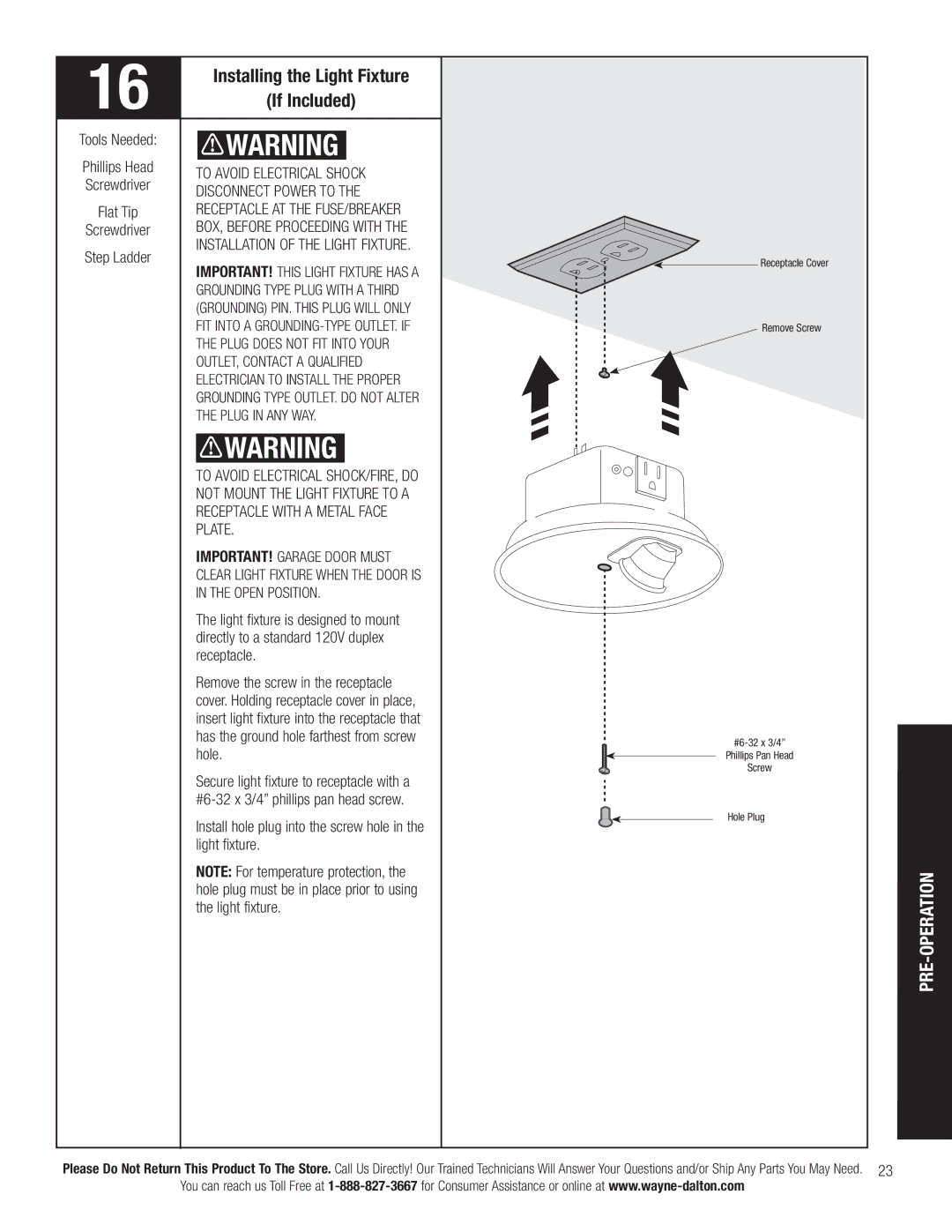 Wayne-Dalton 3790-Z Installing the Light Fixture, If Included, To Avoid Electrical Shock, Disconnect Power to 