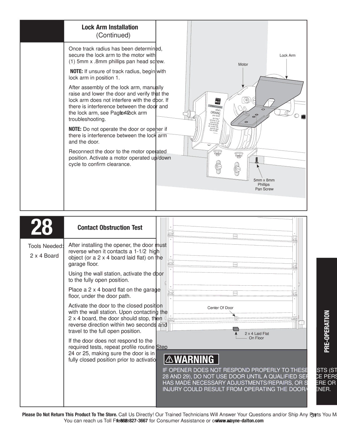 Wayne-Dalton 3790-Z installation instructions Lock Arm Installation, Contact Obstruction Test 