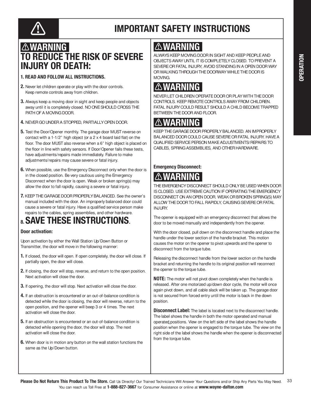 Wayne-Dalton 3790-Z installation instructions Read and Follow ALL Instructions, Door activation, Emergency Disconnect 