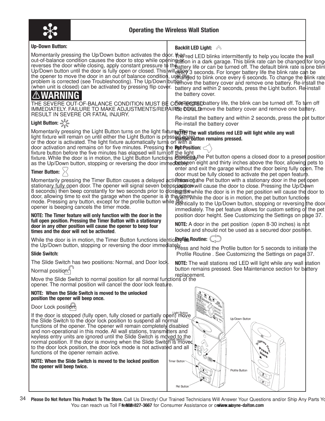 Wayne-Dalton 3790-Z installation instructions Operating the Wireless Wall Station 