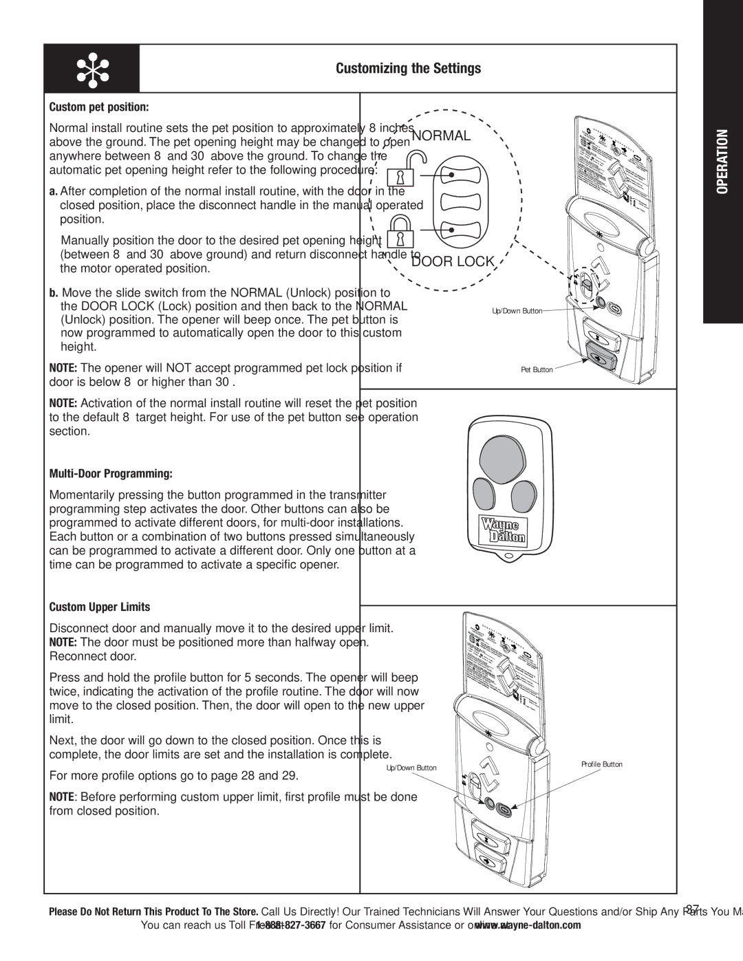 Wayne-Dalton 3790-Z Customizing the Settings, Custom pet position, Multi-Door Programming, Up/Down Button Pet Button 