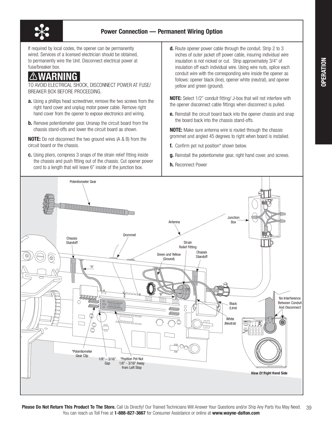 Wayne-Dalton 3790-Z Power Connection Permanent Wiring Option, Confirm pot nut position* shown below, Reconnect Power 