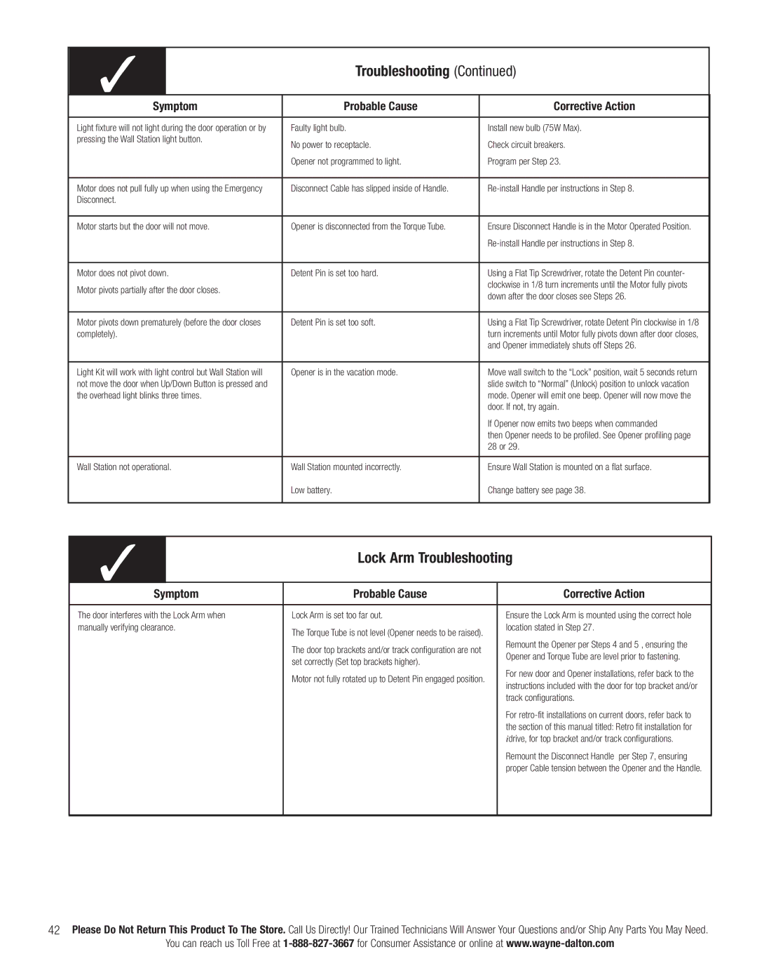 Wayne-Dalton 3790-Z installation instructions Lock Arm Troubleshooting 