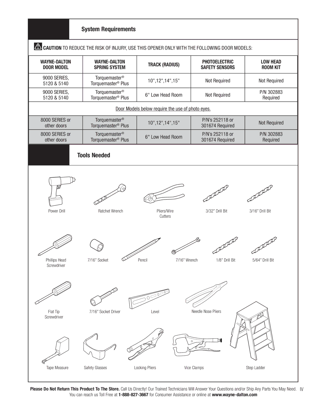 Wayne-Dalton 3790-Z System Requirements, Tools Needed, WAYNE-DALTON Track Radius Photoelectric LOW Head 