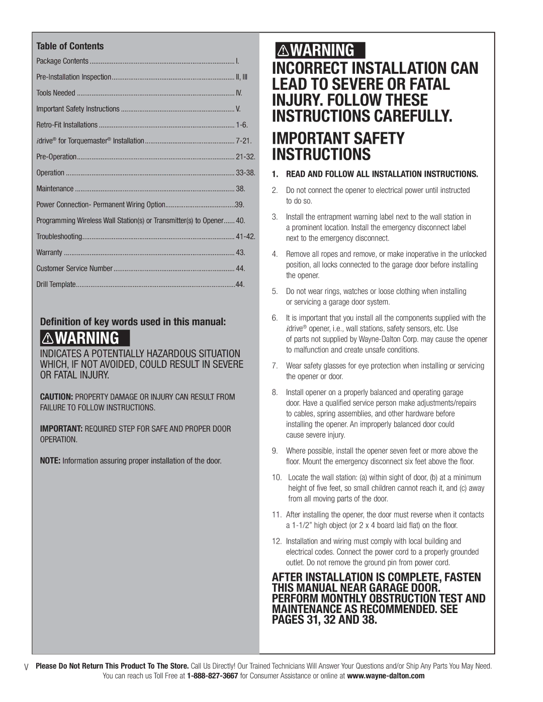 Wayne-Dalton 3790-Z installation instructions Deﬁnition of key words used in this manual, Table of Contents 