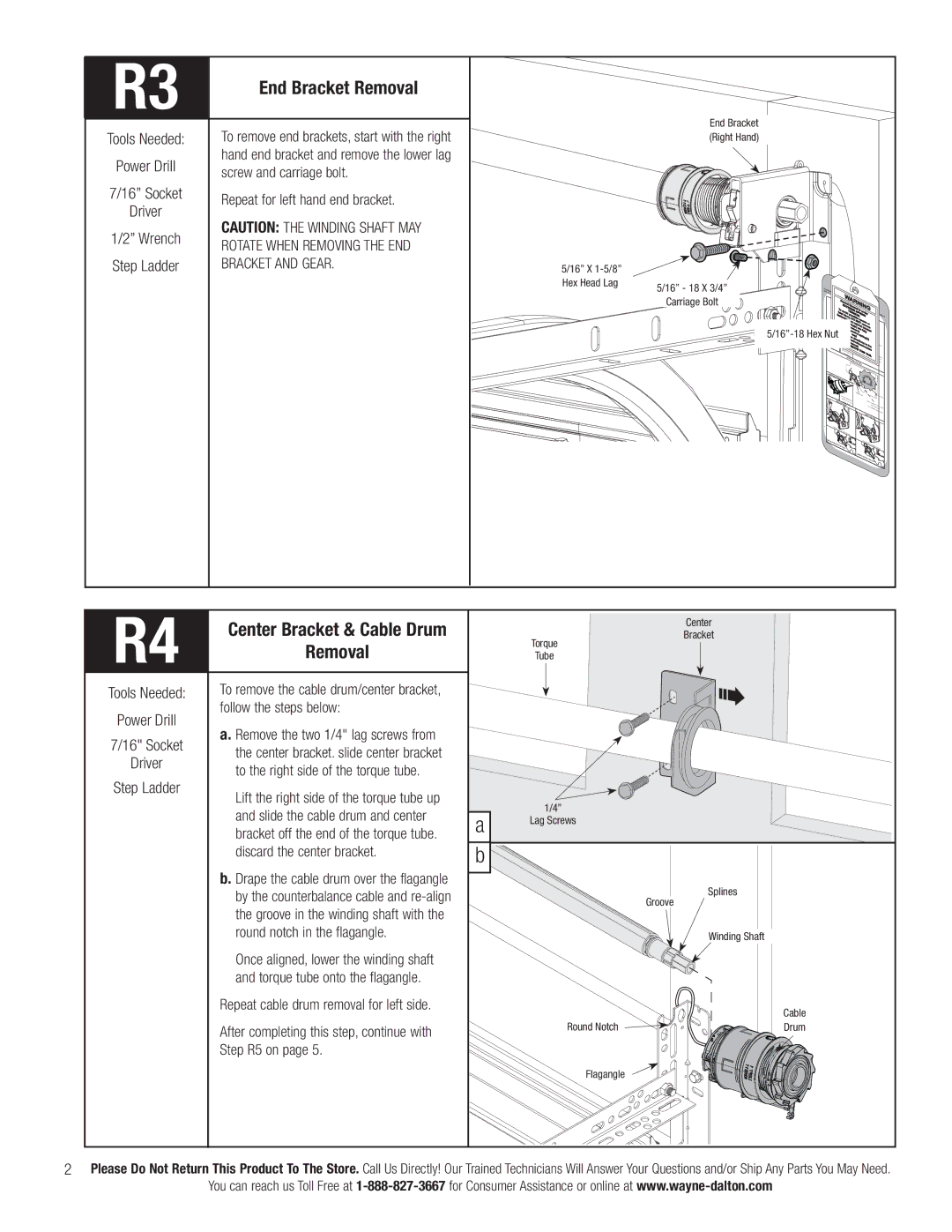 Wayne-Dalton 3790-Z installation instructions End Bracket Removal, Center Bracket & Cable Drum, Bracket and Gear 