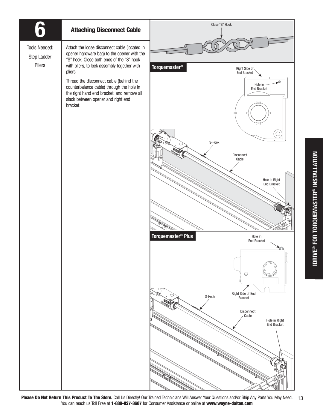 Wayne-Dalton 3790-Z installation instructions 6Attaching Disconnect Cable, pliers, bracket, Torquemaster Plus 