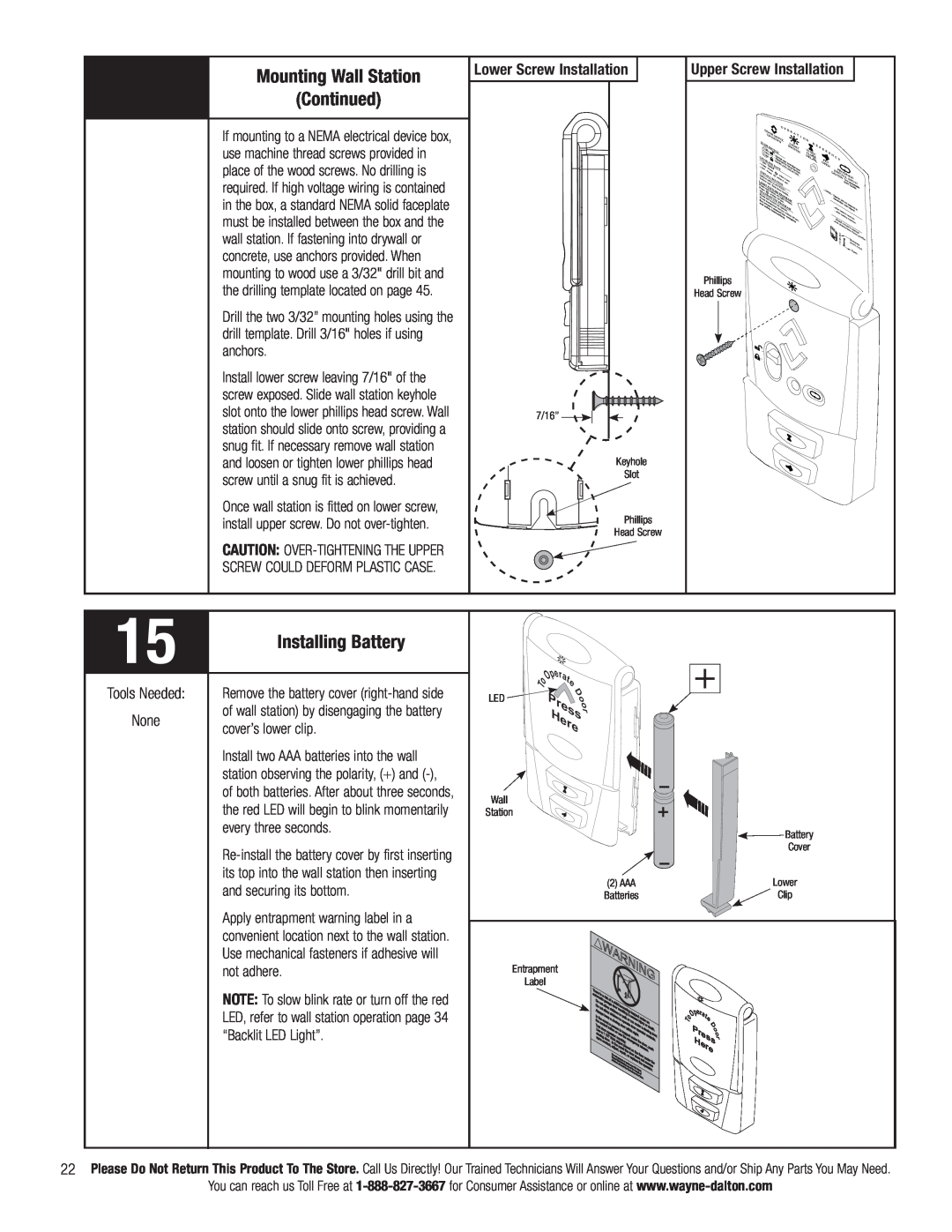 Wayne-Dalton 3790-Z installation instructions Mounting Wall Station, Installing Battery 