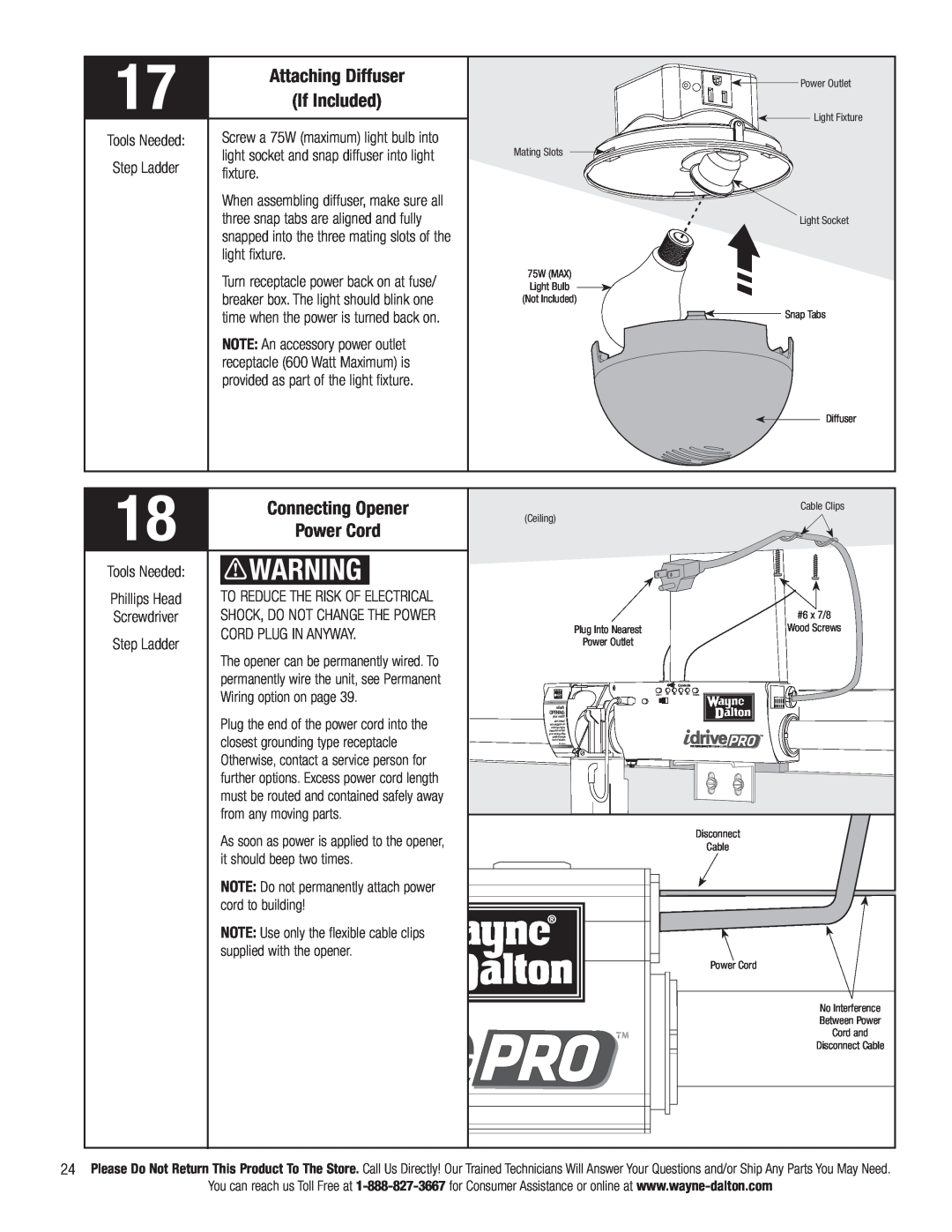 Wayne-Dalton 3790-Z installation instructions Attaching Diffuser, If Included, Connecting Opener, Power Cord 