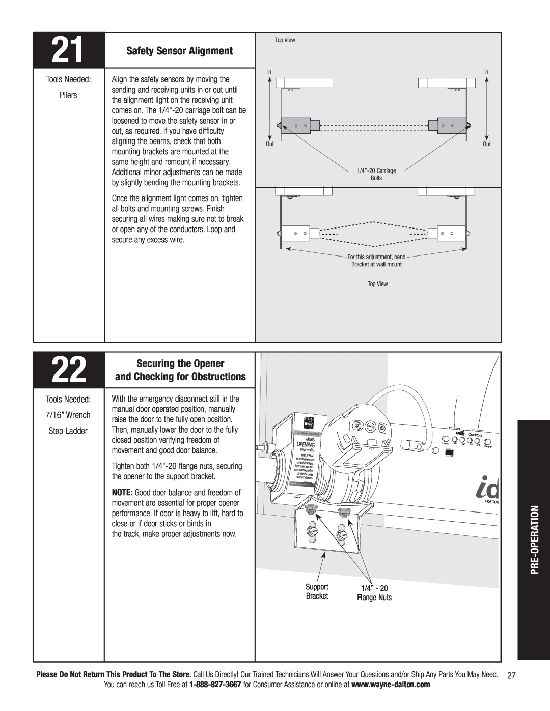 Wayne-Dalton 3790-Z installation instructions Pre-Operation, Safety Sensor Alignment, and Checking for Obstructions 