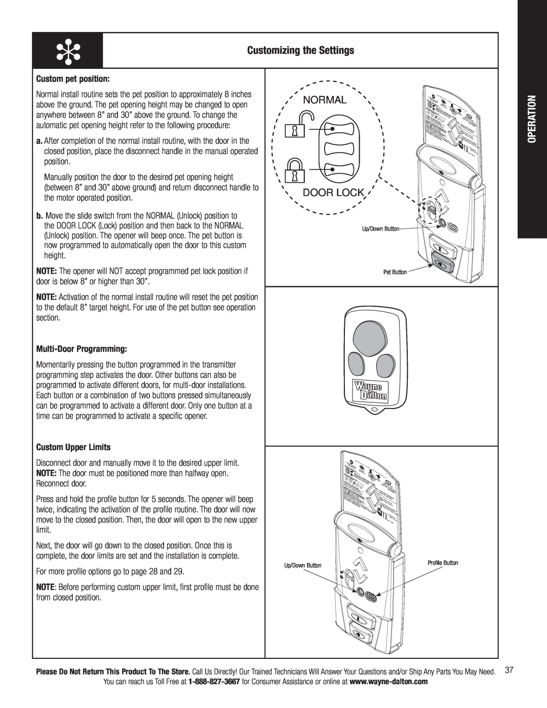 Wayne-Dalton 3790-Z installation instructions Operation, Normal, Door Lock, Customizing the Settings 