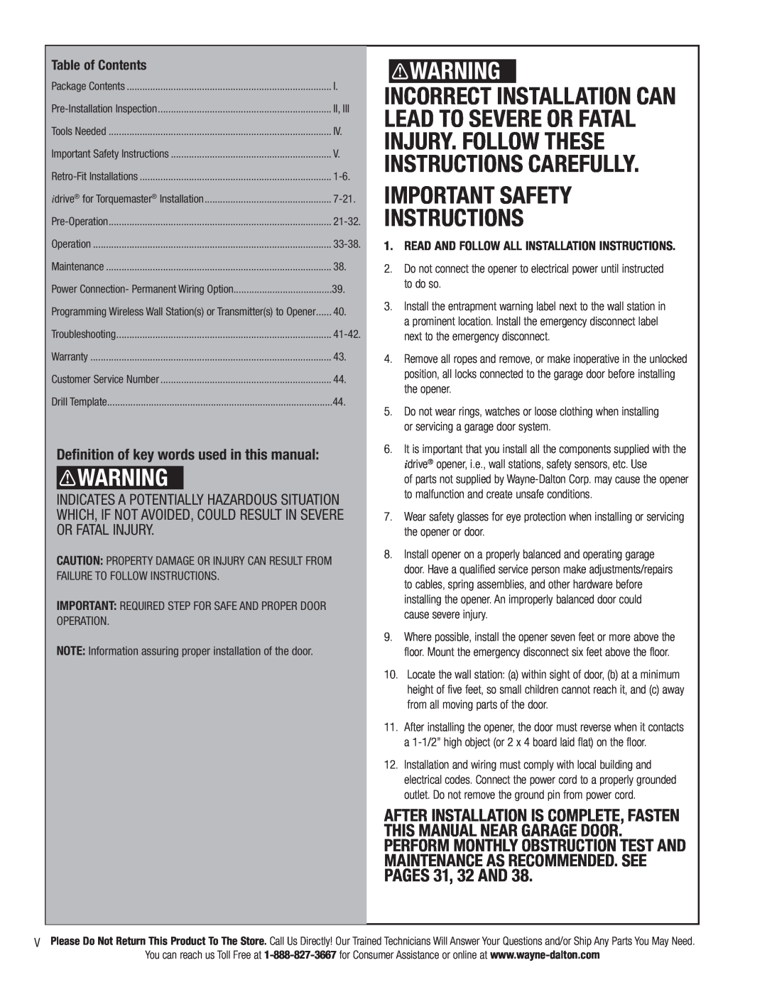Wayne-Dalton 3790-Z installation instructions Important Safety Instructions, PAGES 31, 32 AND, Table of Contents 