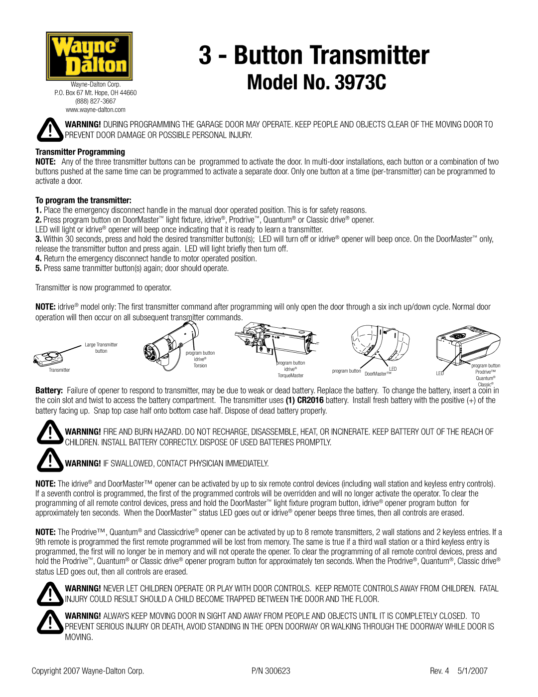 Wayne-Dalton 3973C manual Button Transmitter, Model No C 