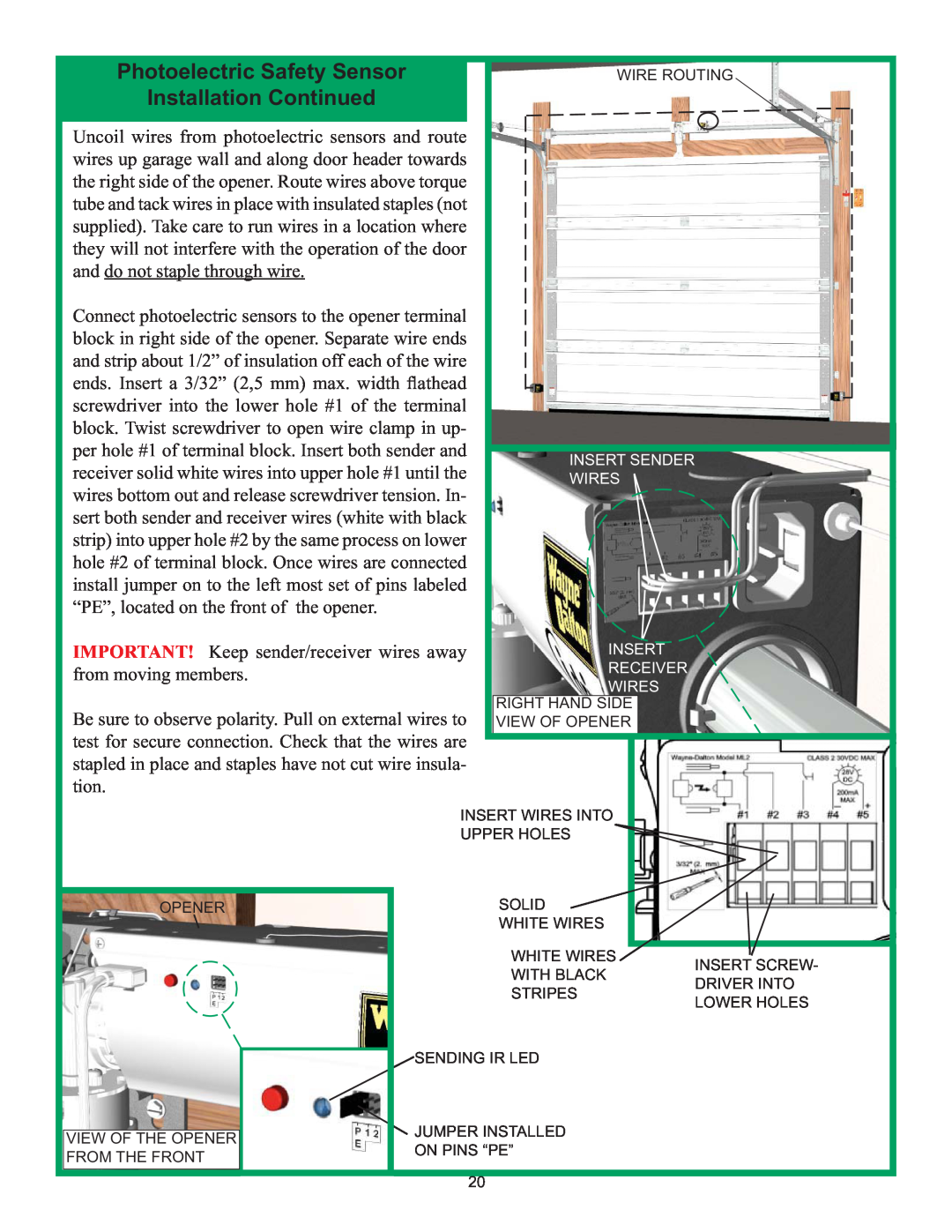 Wayne-Dalton 3982 installation instructions Photoelectric Safety Sensor, Installation Continued 