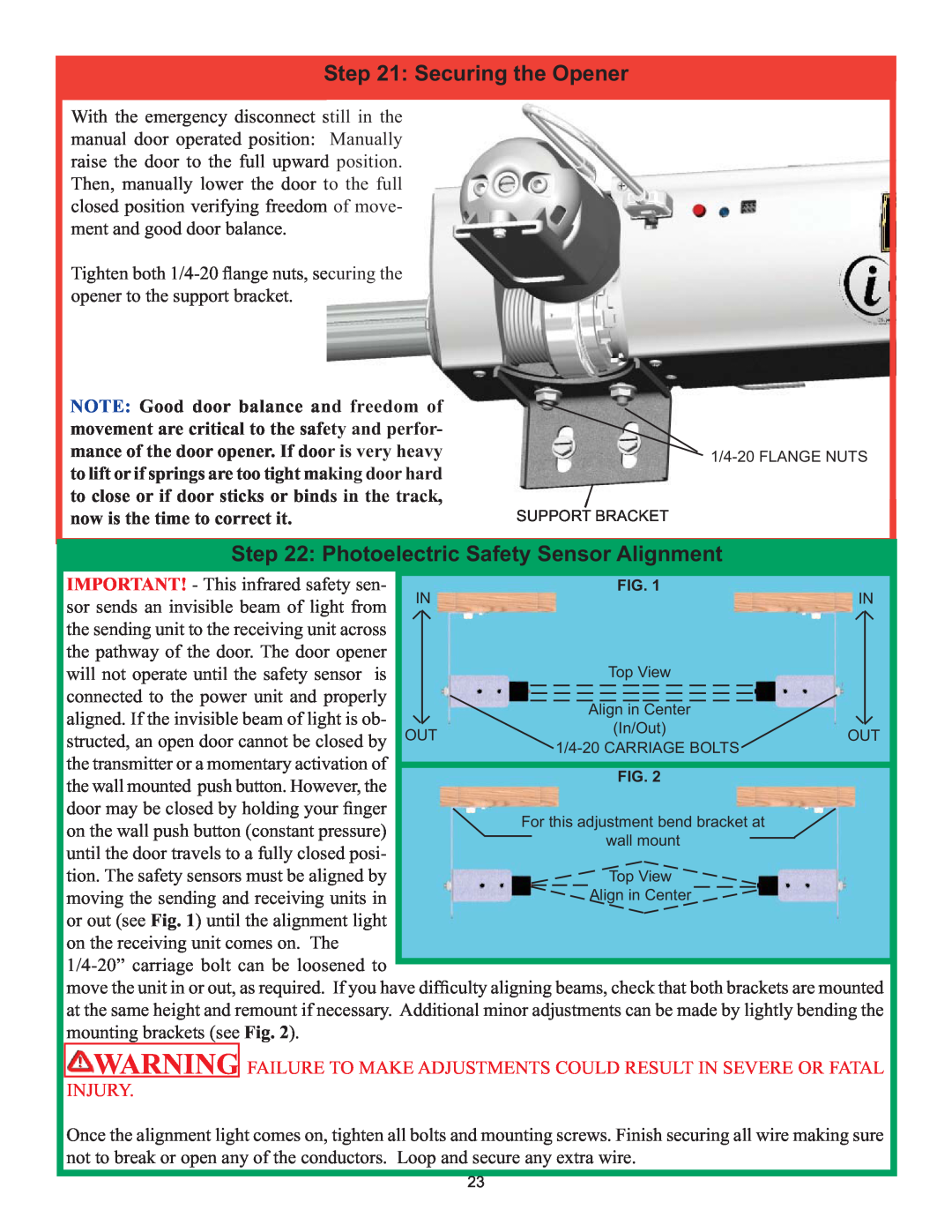 Wayne-Dalton 3982 installation instructions Securing the Opener, Photoelectric Safety Sensor Alignment 