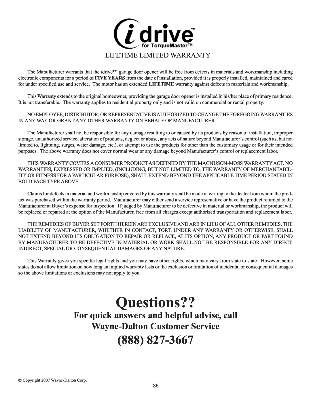 Wayne-Dalton 3982 Questions??, For quick answers and helpful advise, call, Wayne-DaltonCustomer Service 