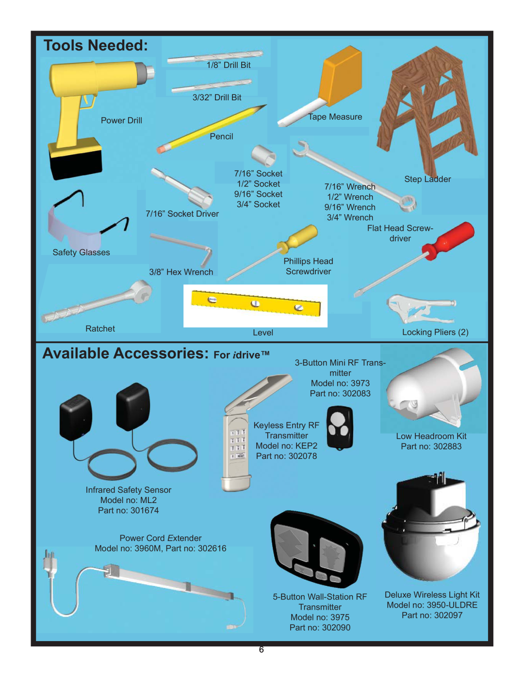 Wayne-Dalton 3982 installation instructions Tools Needed, Available Accessories: For idrive 
