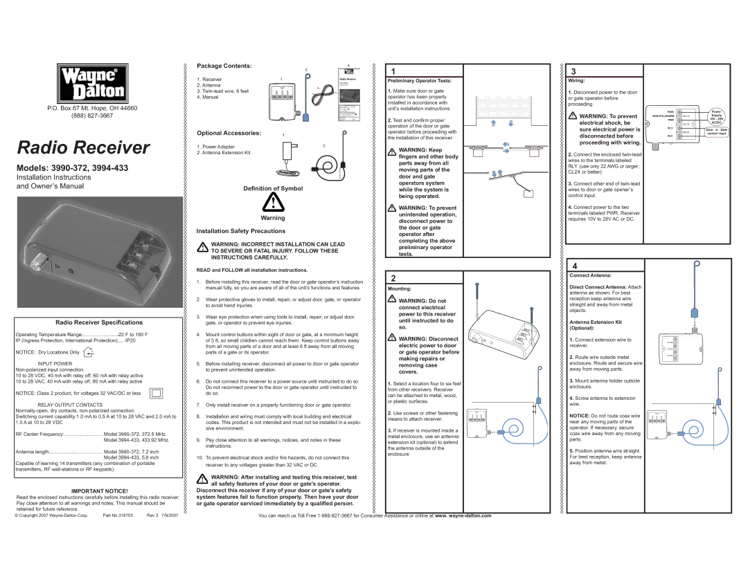 Wayne-Dalton 3990-372, 3994-433 installation instructions Preliminary Operator Tests, Wiring, Mounting 