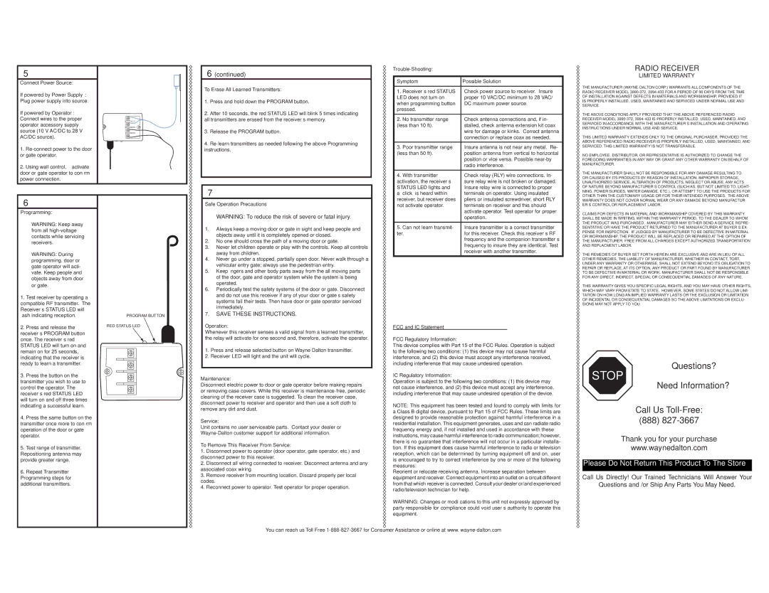 Wayne-Dalton 3994-433 Connect Power Source, Trouble-Shooting Symptom Possible Solution, Programming, Operation, Service 