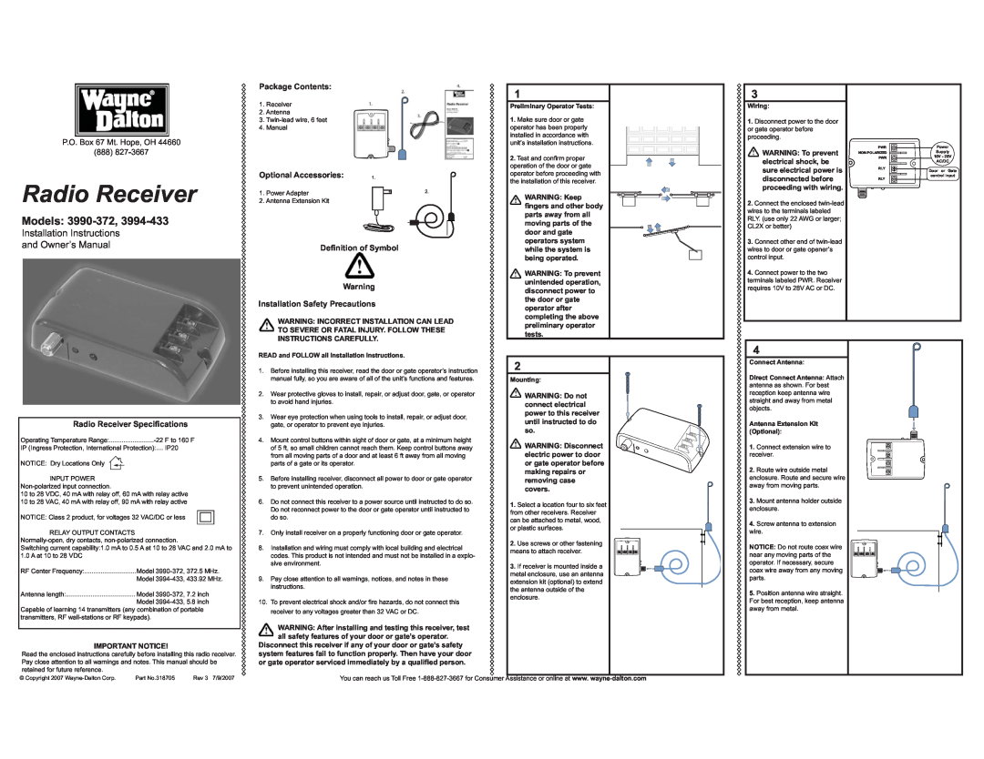Wayne-Dalton 3990-372 installation instructions Models, Package Contents, Optional Accessories, Deﬁnition of Symbol 