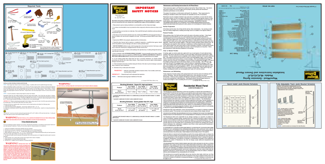 Wayne-Dalton Manual Owners and Instructions Installation, 40,42,43,45,47 Models, Spring Extension - WayneWood 