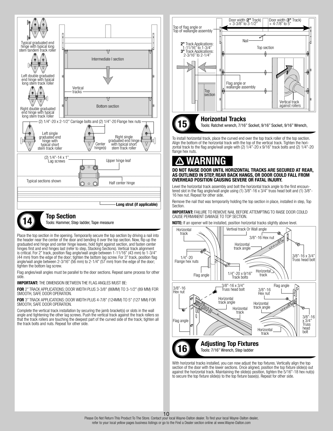 Wayne-Dalton 44 installation instructions Top Section, Horizontal Tracks 