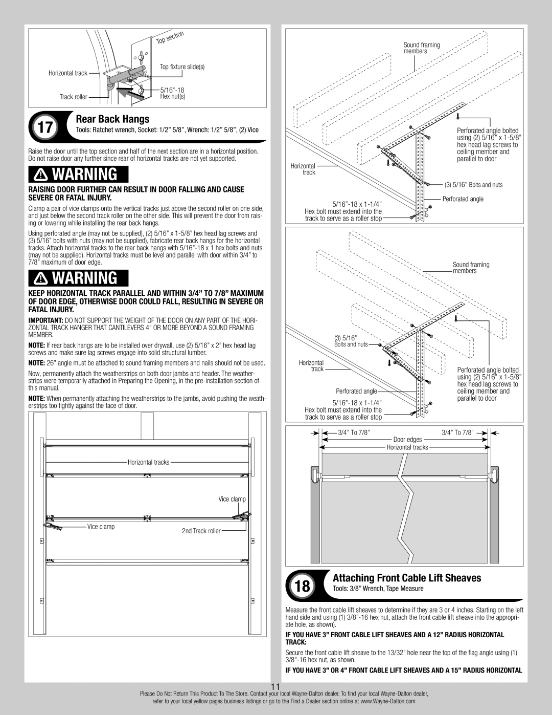 Wayne-Dalton 44 installation instructions Rear Back Hangs, Tools 3/8 Wrench, Tape Measure 