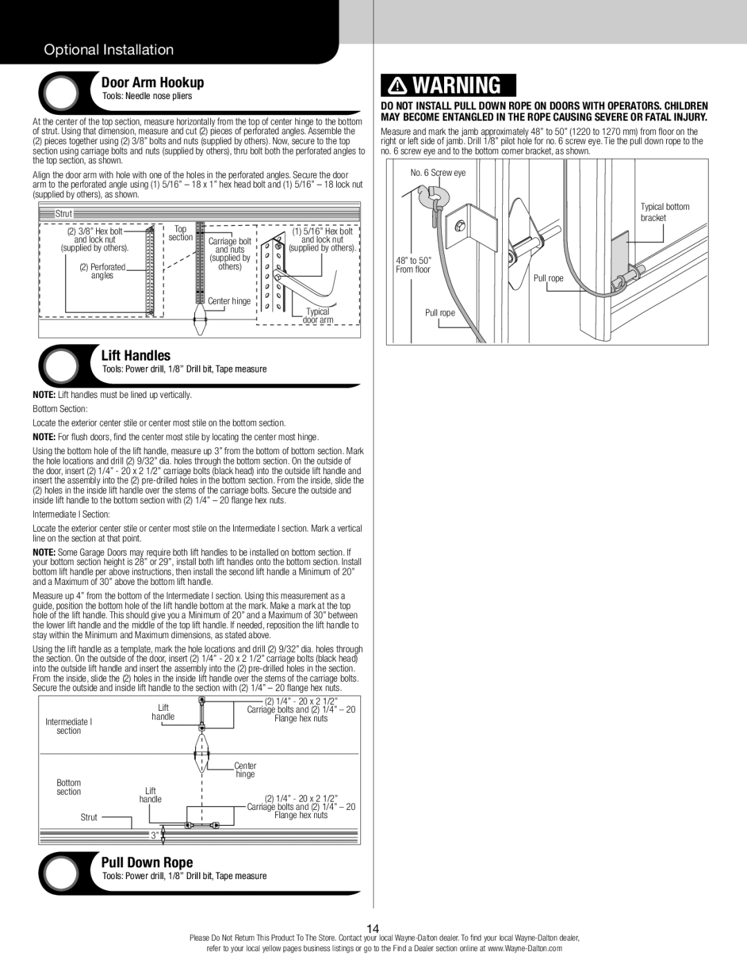 Wayne-Dalton 44 installation instructions Door Arm Hookup, Lift Handles, Pull Down Rope, Tools Needle nose pliers 