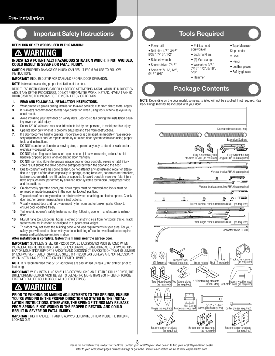 Wayne-Dalton 44 installation instructions Important Safety Instructions Tools Required, Package Contents 