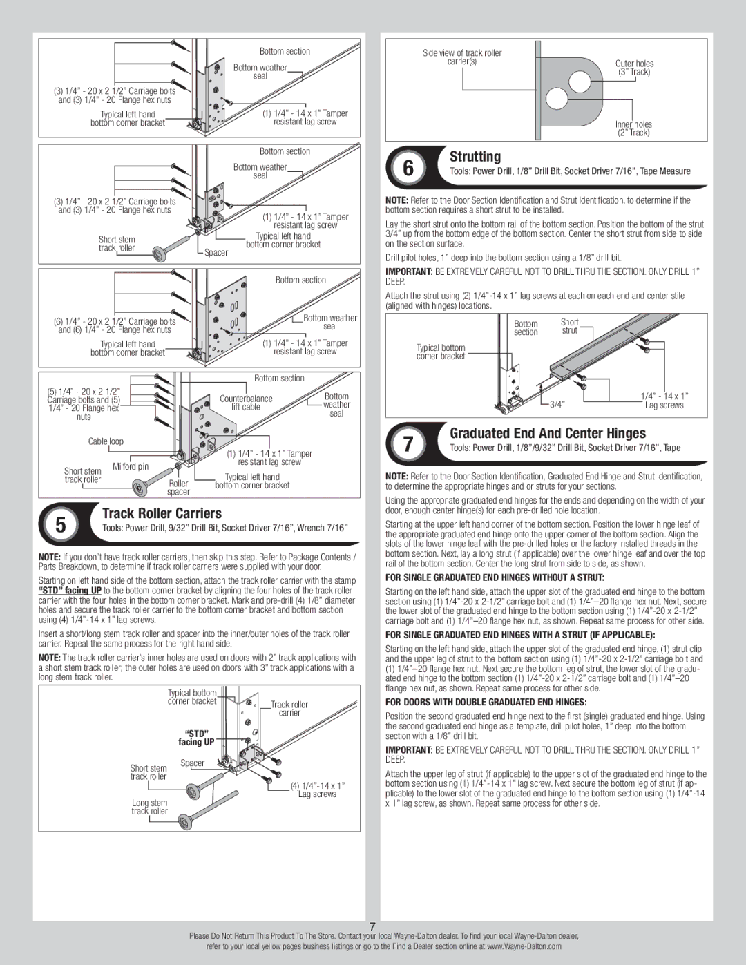 Wayne-Dalton 44 installation instructions Track Roller Carriers, Strutting, Graduated End And Center Hinges 