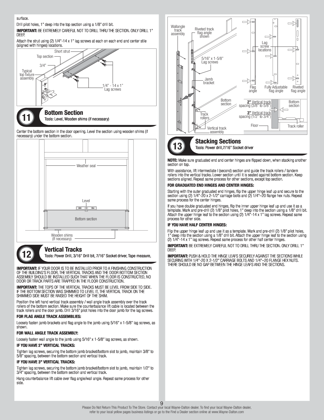 Wayne-Dalton 44 installation instructions Bottom Section, Vertical Tracks, Stacking Sections 