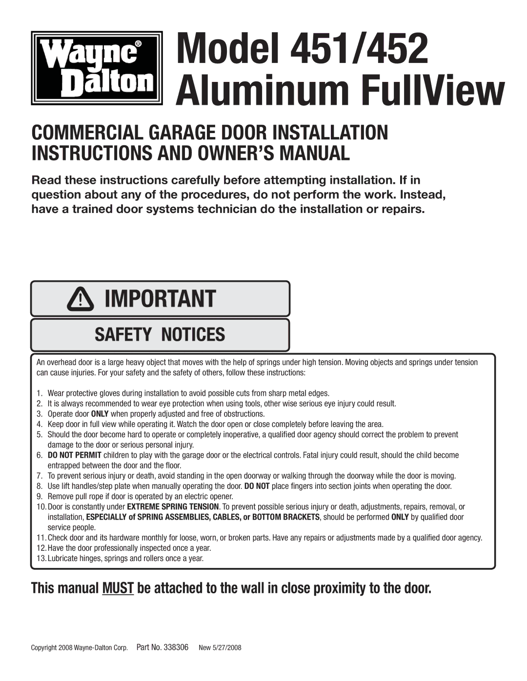 Wayne-Dalton installation instructions Model 451/452 Aluminum FullView 