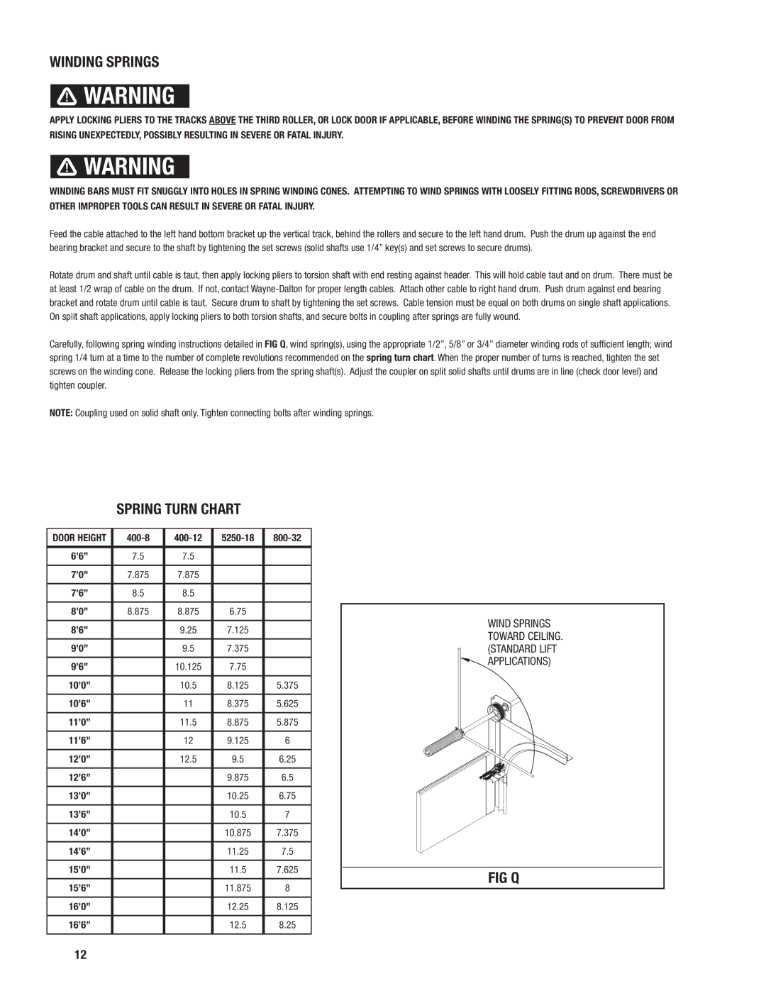 Wayne-Dalton 451, 452 installation instructions Winding Springs, Spring Turn Chart, Fig Q 