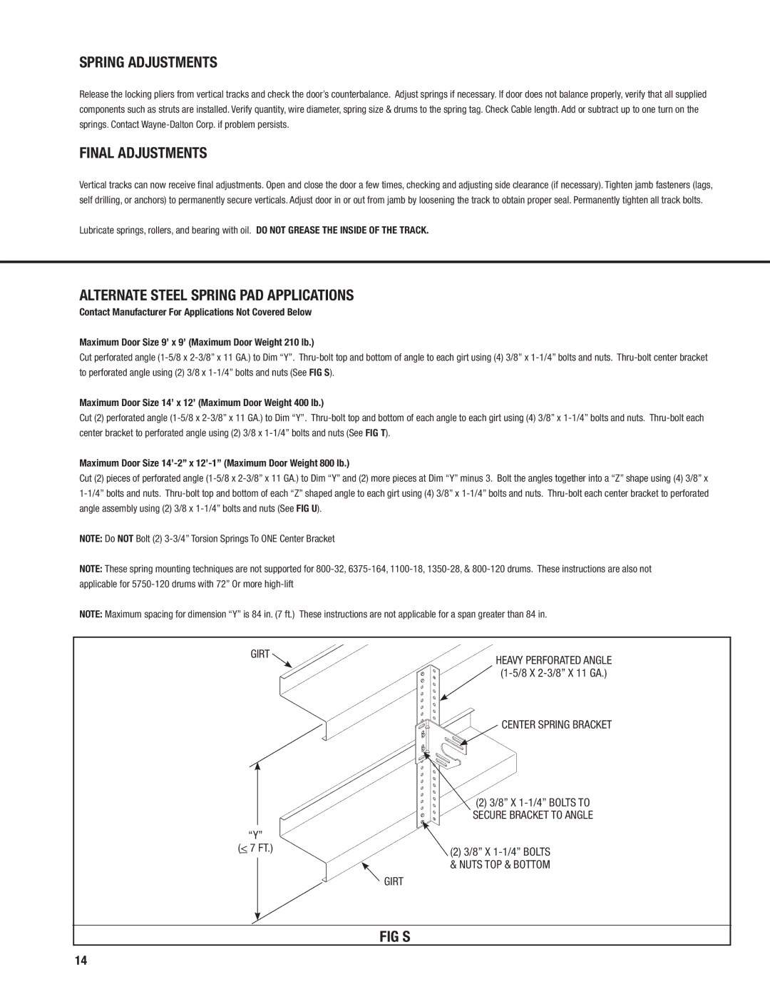 Wayne-Dalton 451, 452 Spring Adjustments, Final Adjustments, Alternate Steel Spring PAD Applications, Fig S, Girt 