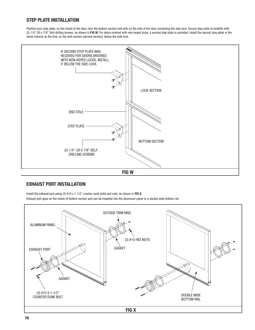 Wayne-Dalton 451 Step Plate Installation, FIG W Exhaust Port Installation, Lock Section Bottom Section, Outside Trim Ring 