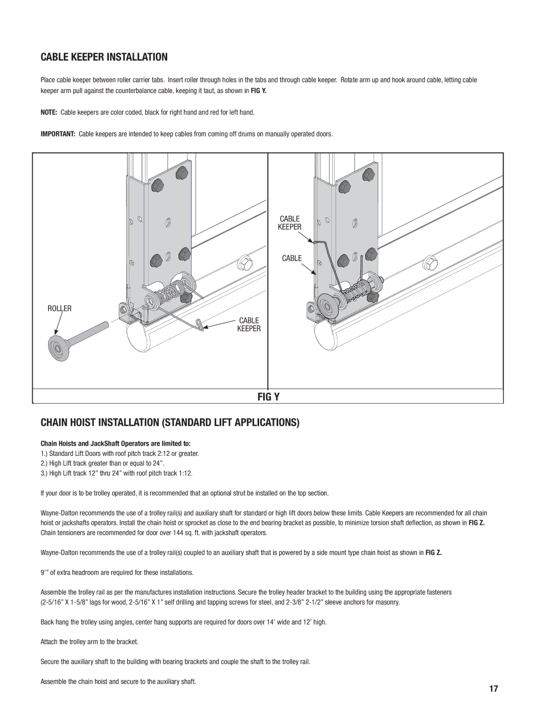 Wayne-Dalton 452 Cable Keeper Installation, FIG Y Chain Hoist Installation Standard Lift Applications, Cable Keeper Roller 